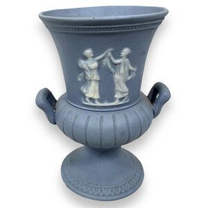 Vintage Jasperware Pedestal Vase‎ Blue White Women Dancing Matte Finish 5"